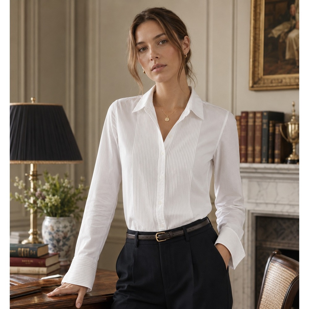 Lauren Ralph Lauren White Pleated Front Button-Down Shirt